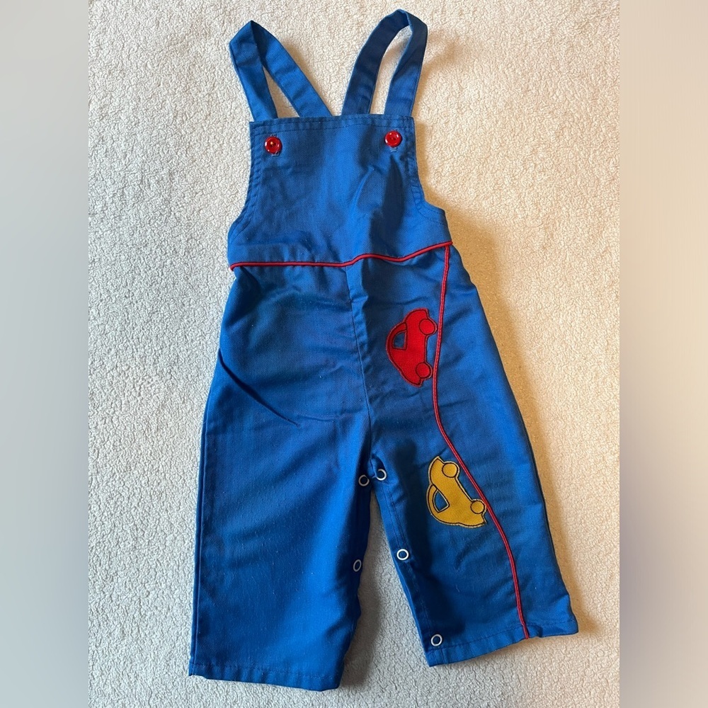 Vintage overalls, baby toddler. Blue with appliqué cars on front. 12 months